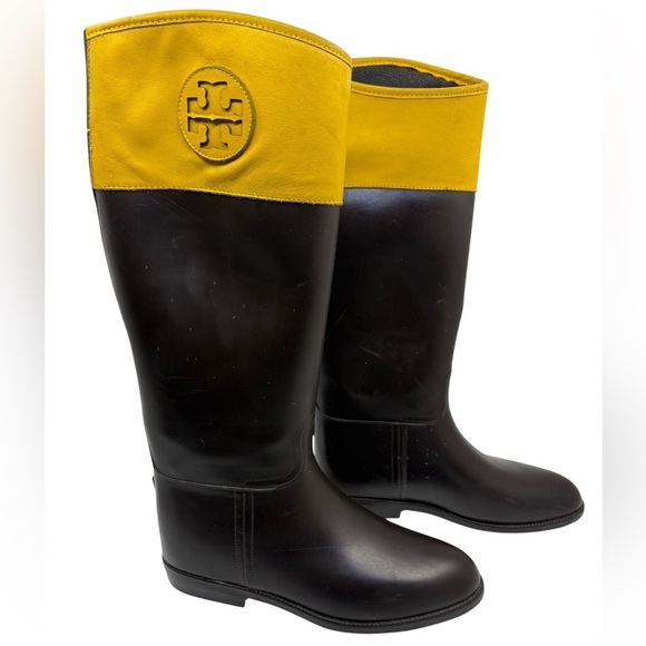 Tory Burch Riding/ Rain Boots Dark Brown Yellow Rubber Waterproof Women's 10 - Picture 5 of 14